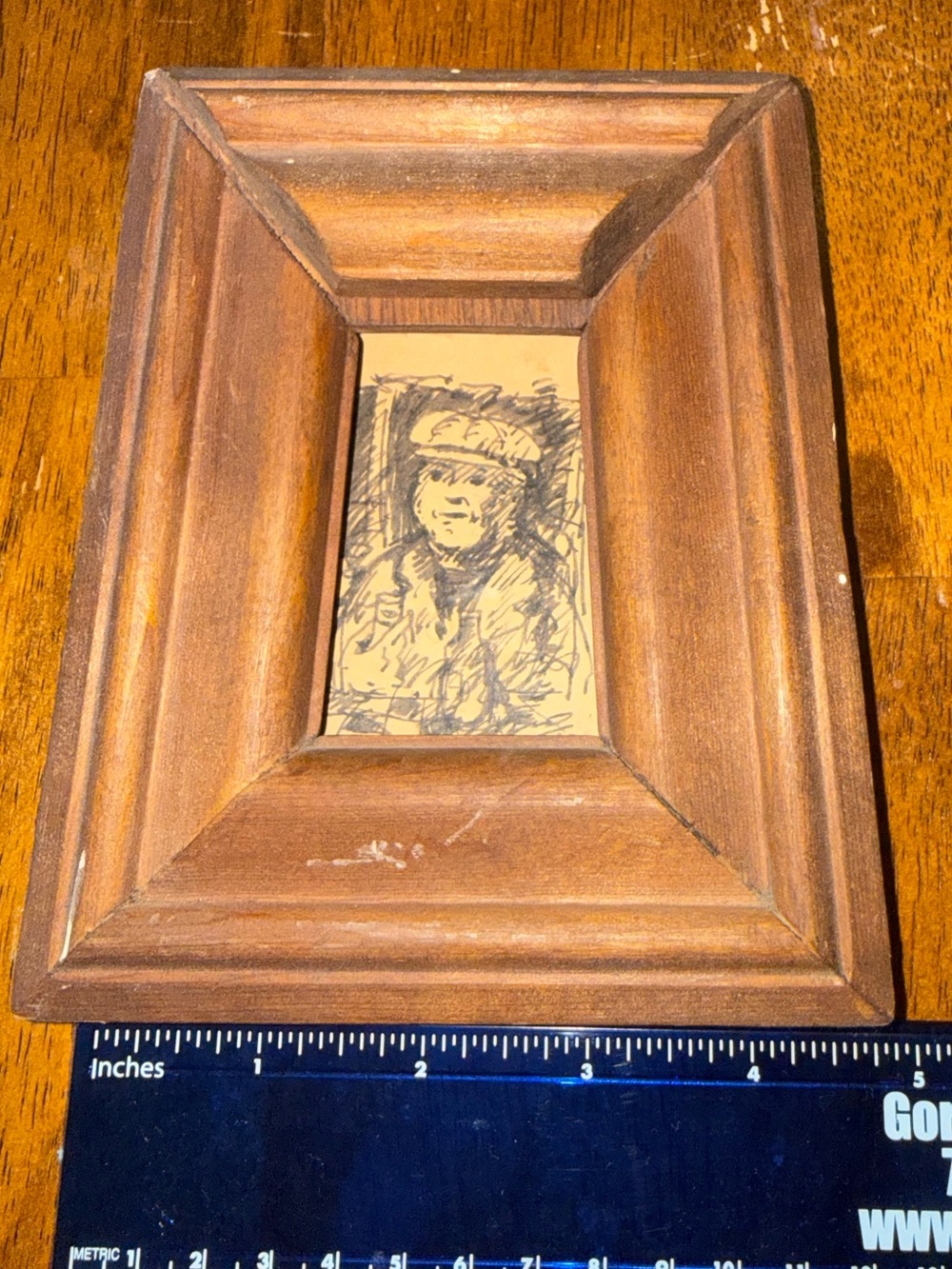 Vintage Miniature Art Wooden Mini Picture Frame Charcoal Flat Cap Man
